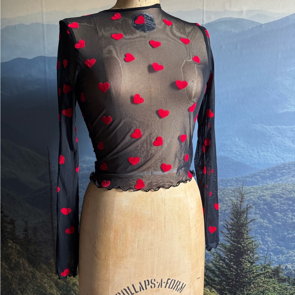 Sheer Black Top with Red Heart Accents